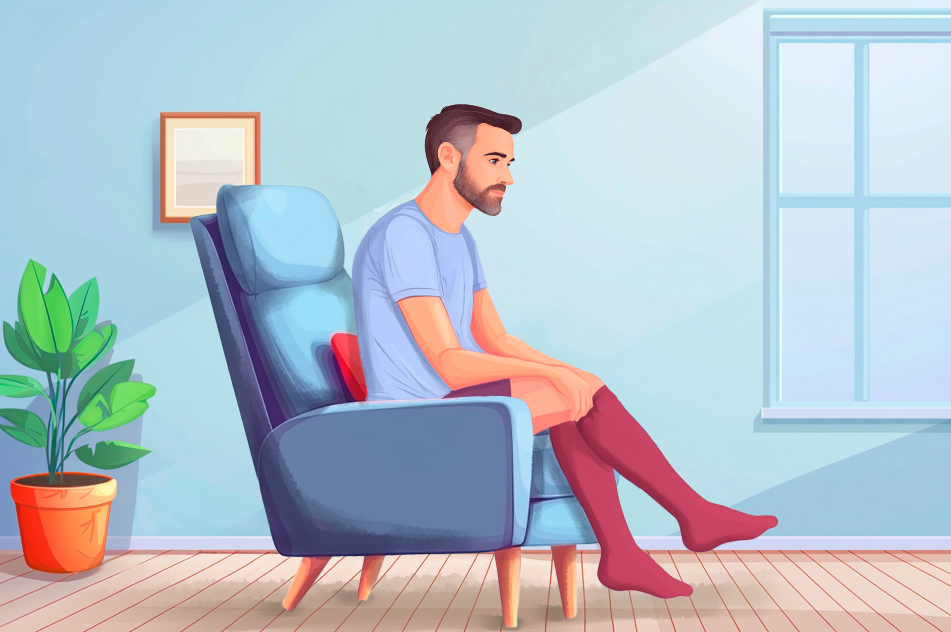 Illustration of man putting on compression stockings.