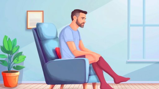 Illustration of man putting on compression stockings.