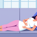 An illustration showing a woman lying on a couch in a cozy indoor setting, looking uncomfortable and holding her stomach, possibly due to abdominal pain.