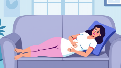 An illustration showing a woman lying on a couch in a cozy indoor setting, looking uncomfortable and holding her stomach, possibly due to abdominal pain.