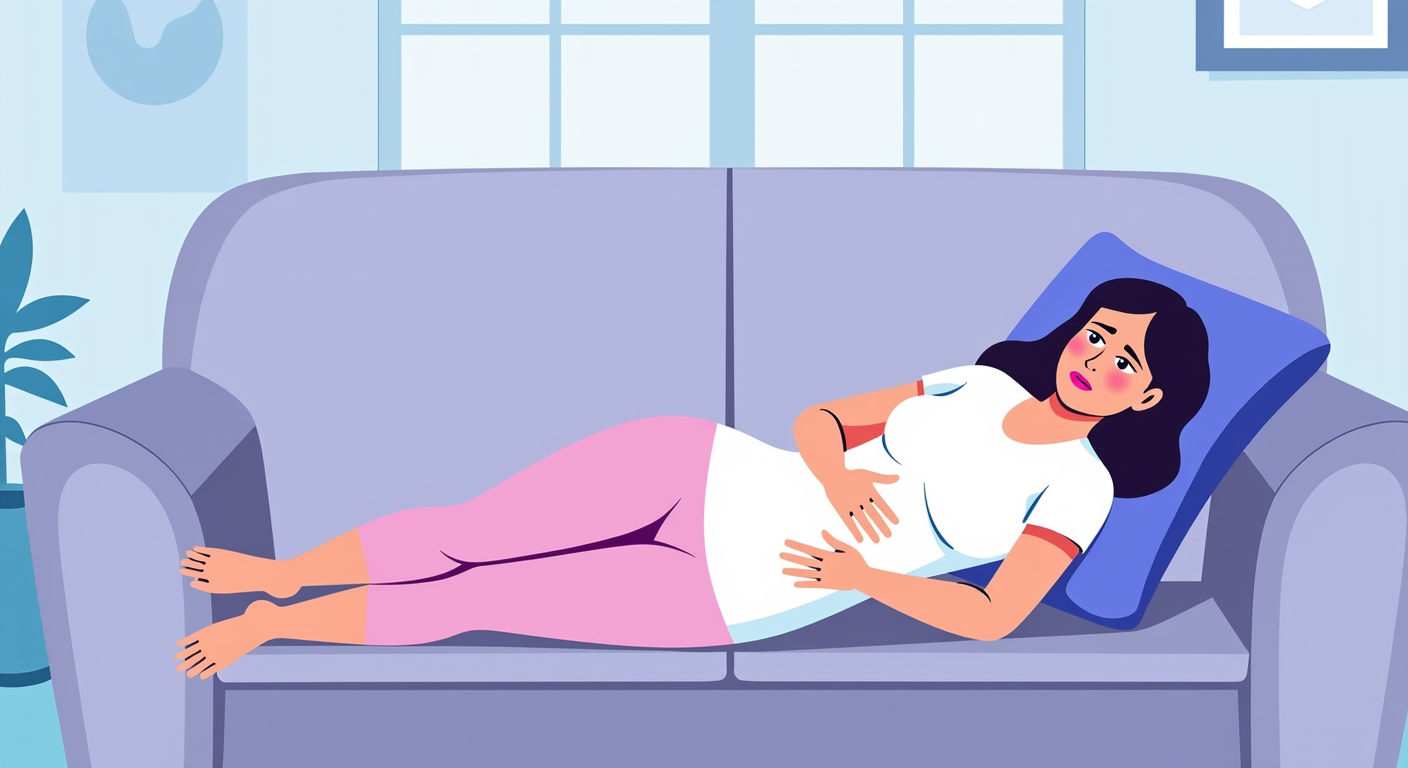 An illustration showing a woman lying on a couch in a cozy indoor setting, looking uncomfortable and holding her stomach, possibly due to abdominal pain.