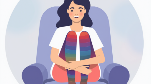 An illustration of a patient with post-thrombotic syndrome wearing a pair of colorful compression stockings.