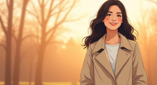 An-illustration-showing-a-young-woman-with-dark-hair-stands-outdoors-smiling-warmly