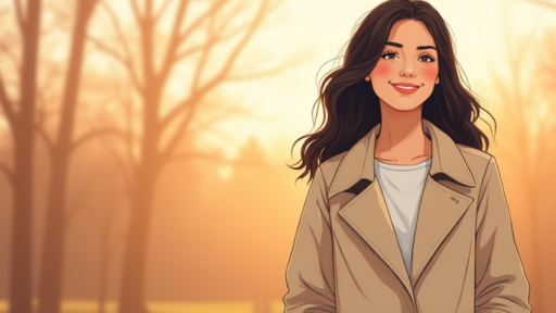 An-illustration-showing-a-young-woman-with-dark-hair-stands-outdoors-smiling-warmly