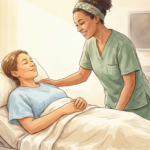 Illustration of a patient after a venogram procedure