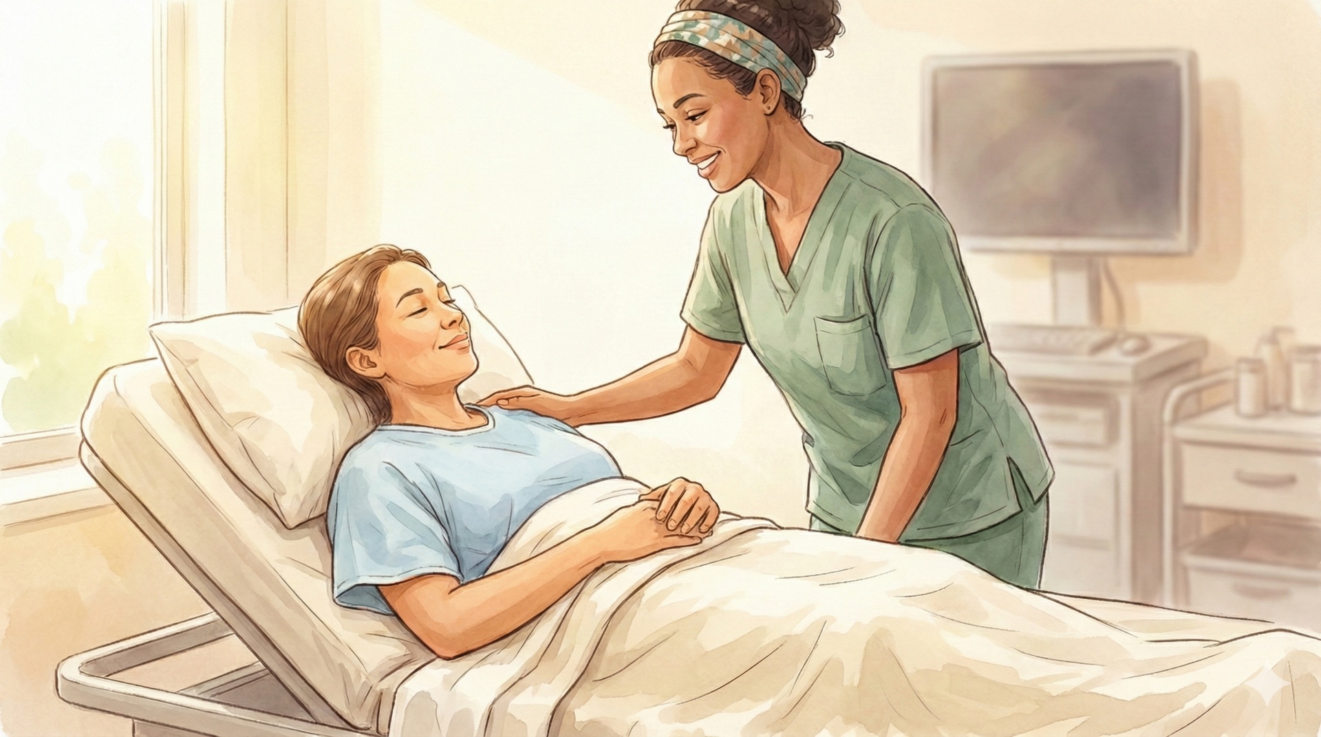 Illustration of a patient after a venogram procedure