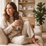 A woman in her forties sitting comfortably and relaxed at home, holding a warm drink