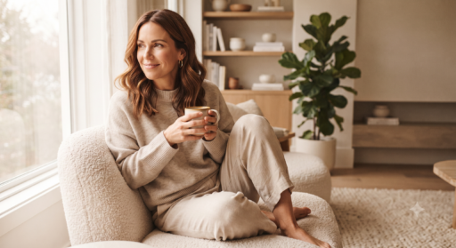 A woman in her forties sitting comfortably and relaxed at home, holding a warm drink