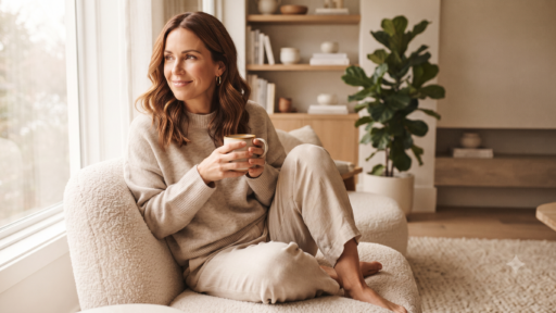 A woman in her forties sitting comfortably and relaxed at home, holding a warm drink