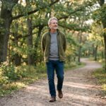 A man in his fifties walking comfortably along a tree-lined path in the morning