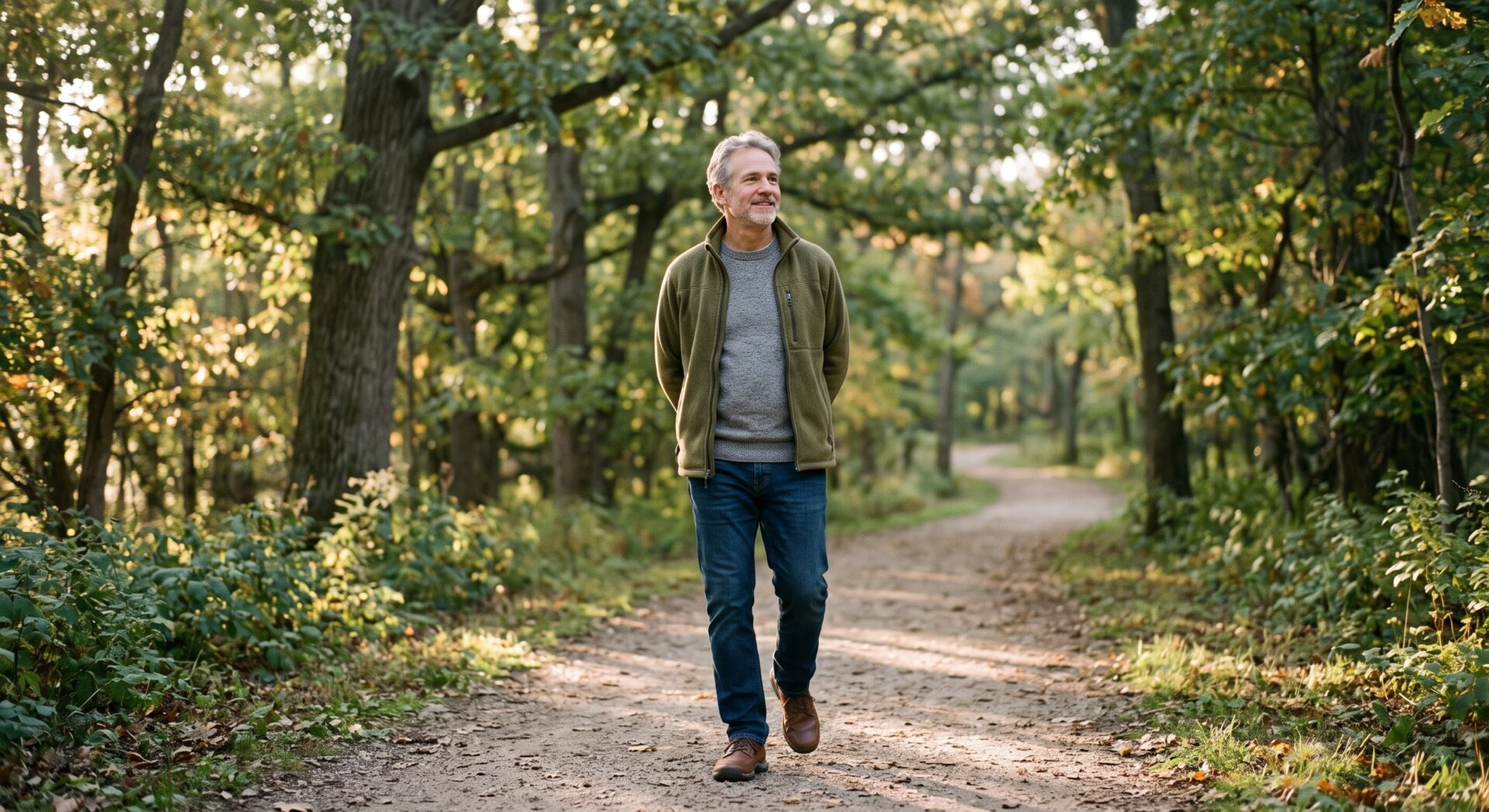 A man in his fifties walking comfortably along a tree-lined path in the morning