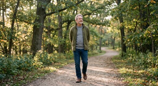 A man in his fifties walking comfortably along a tree-lined path in the morning