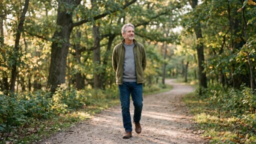 A man in his fifties walking comfortably along a tree-lined path in the morning